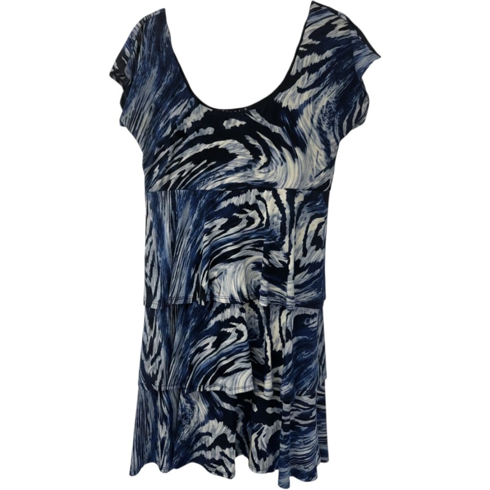 Tiana B Blue Black Swirled Marble Empire Waist Cap Sleeve Tiered Dress Sz M - Picture 4 of 11